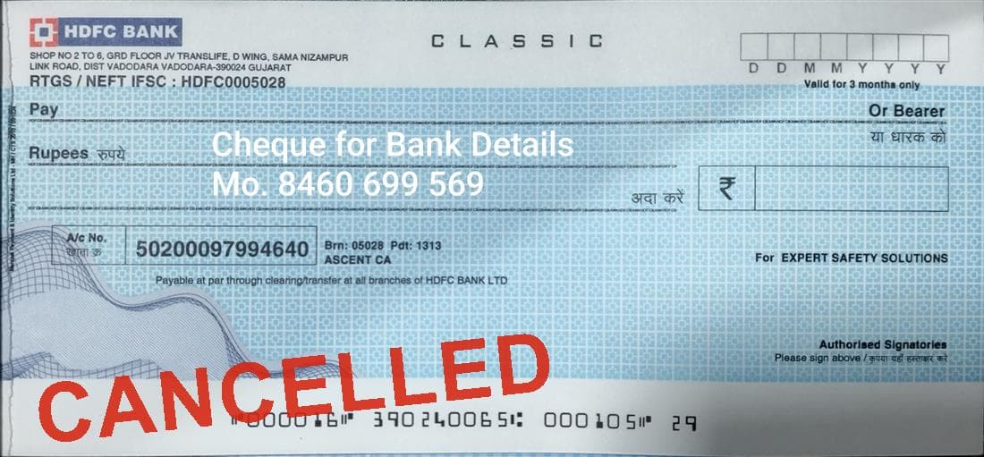 Cancelled cheque for Expert Safety Solutions's HDFC Bank account, marked CANCELLED