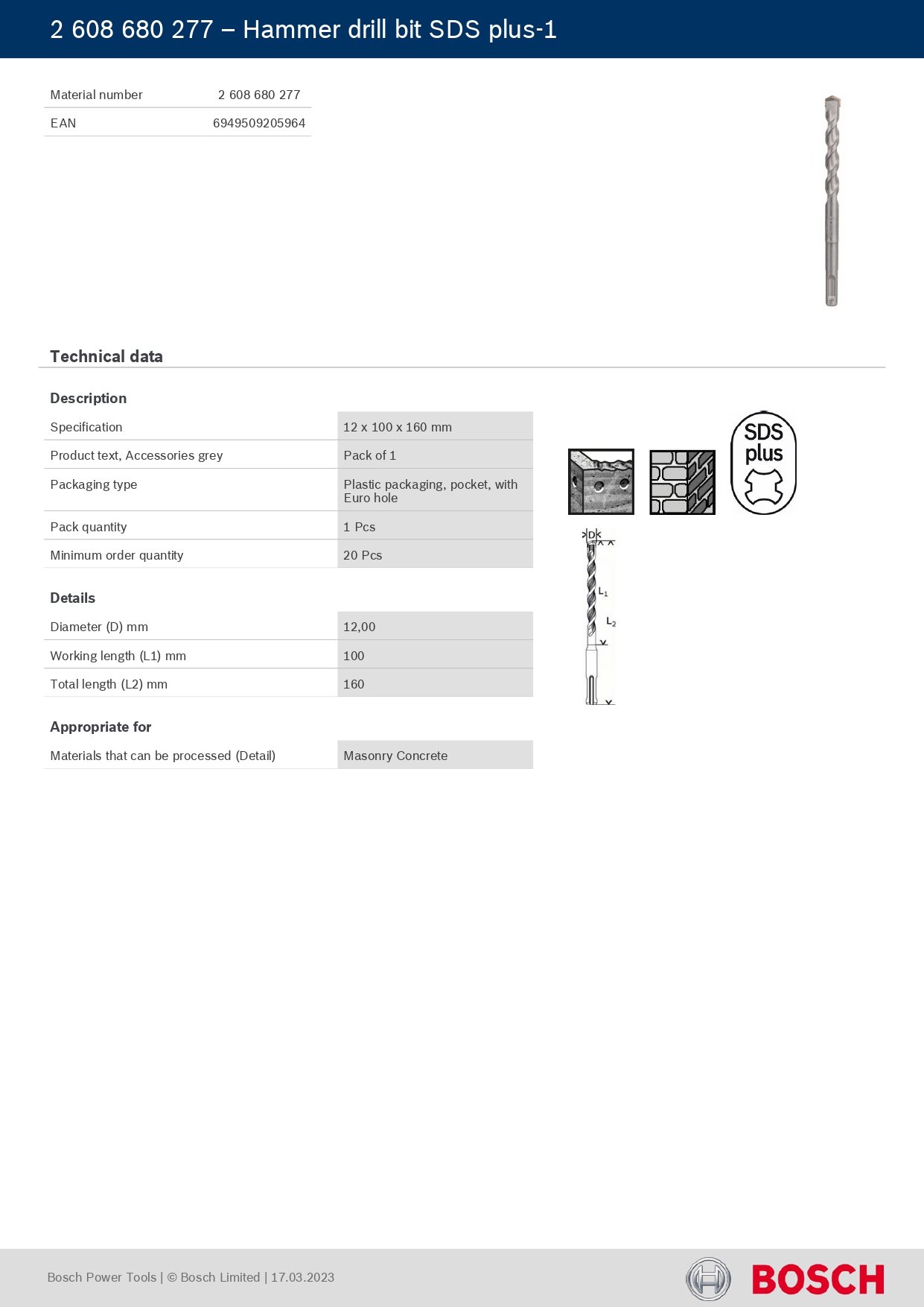 Bosch Concrete Drill Bit 12mm Length 100mm SDS PLUS-1(2608680277) — view 2