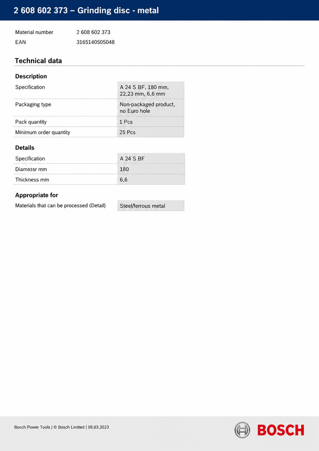 Bosch Grinding Disc.7inch180x6.6mm(2608602373) — view 2