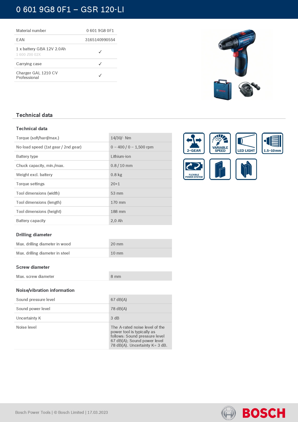 Bosch GSR120+ Cordless drill(Single battery)(Part no.06019G80F1) — view 2