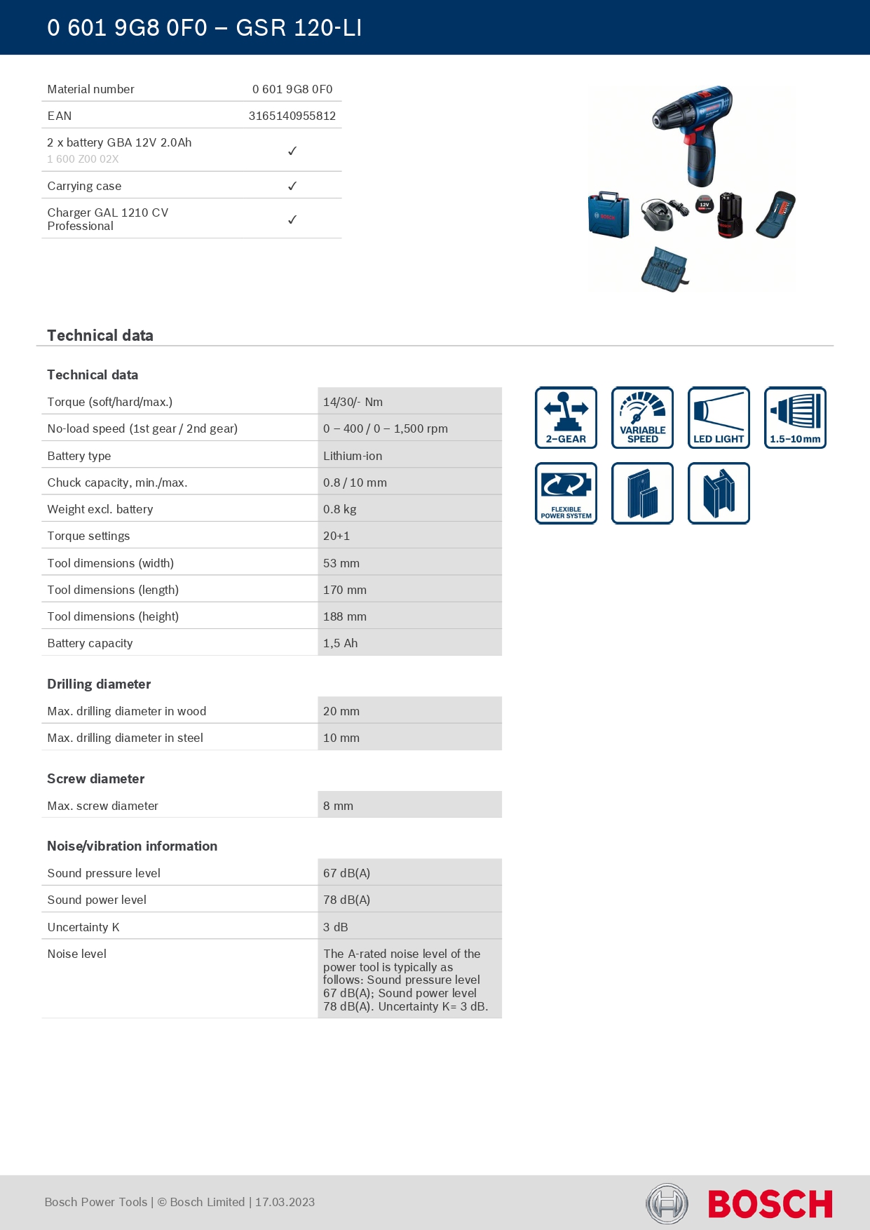 BOSCH GSR120-LI cordless drill (PART NO-06019G80F0) — view 3