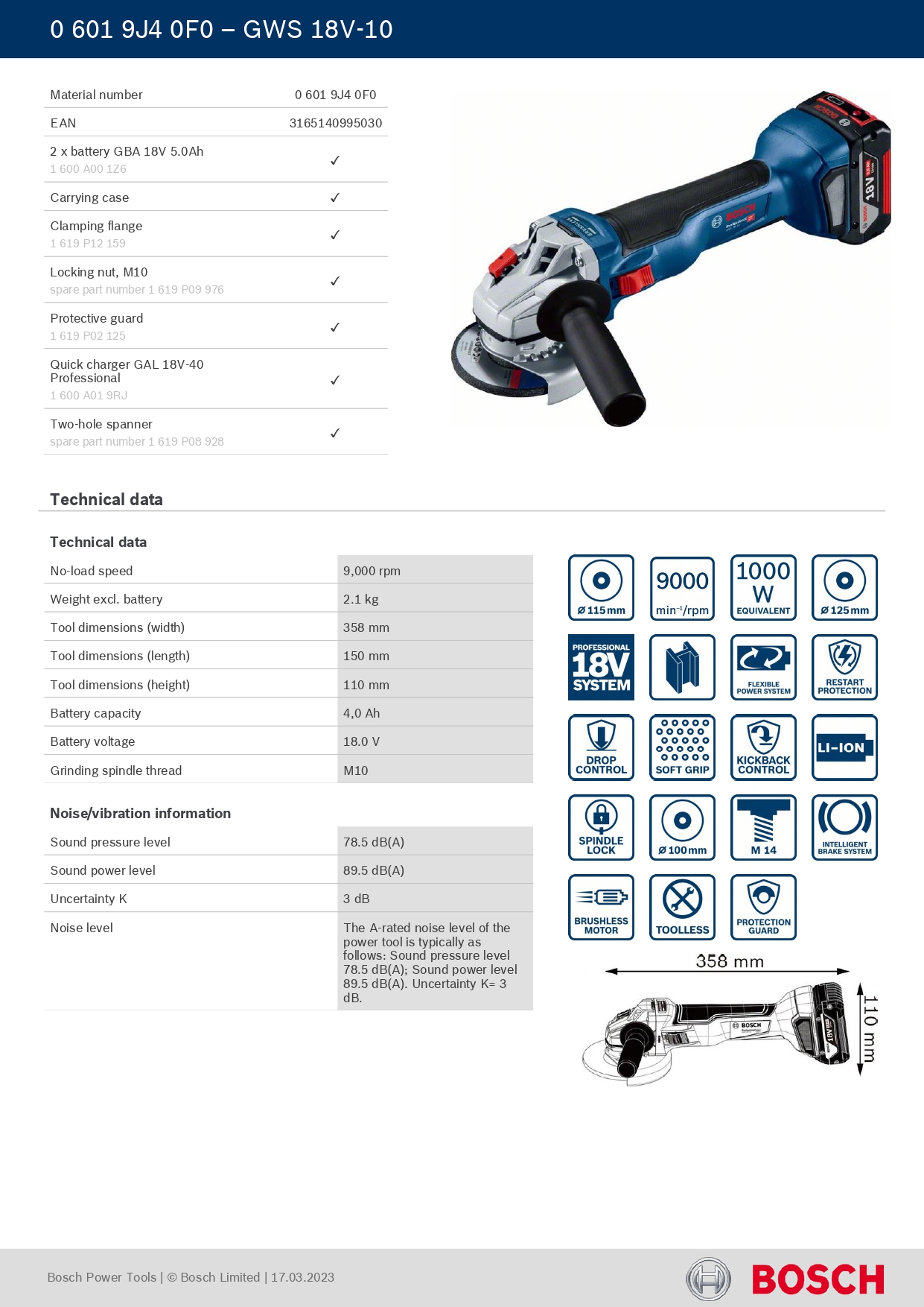 Bosch GWS18V-10 CORDLESS GRINDER (PART NO.-06019J40F0) — view 2
