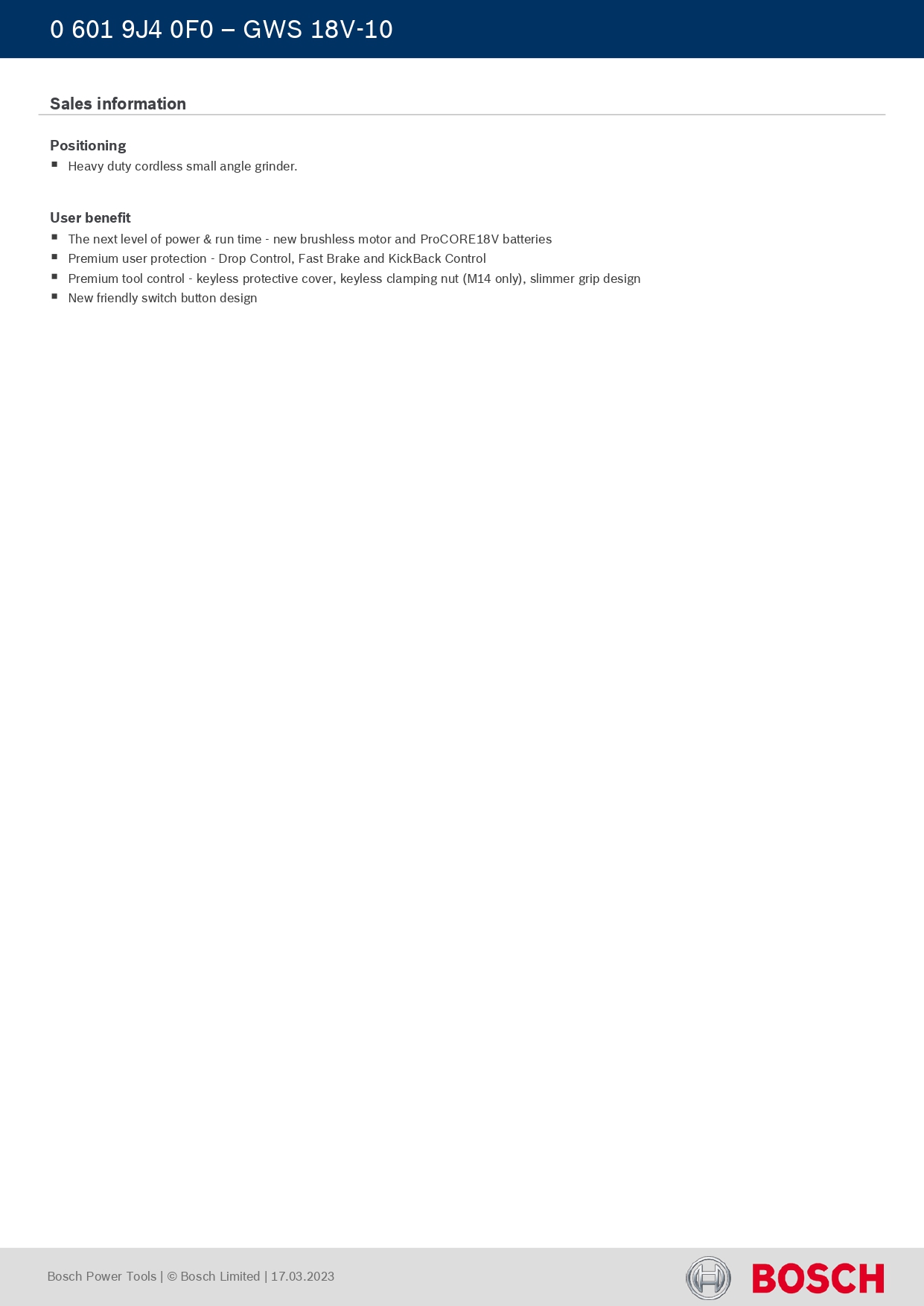 Bosch GWS18V-10 CORDLESS GRINDER (PART NO.-06019J40F0) — view 3
