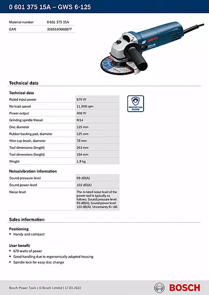 Bosch GWS6-125 S Grinder 5inch (060137515A) — view 3