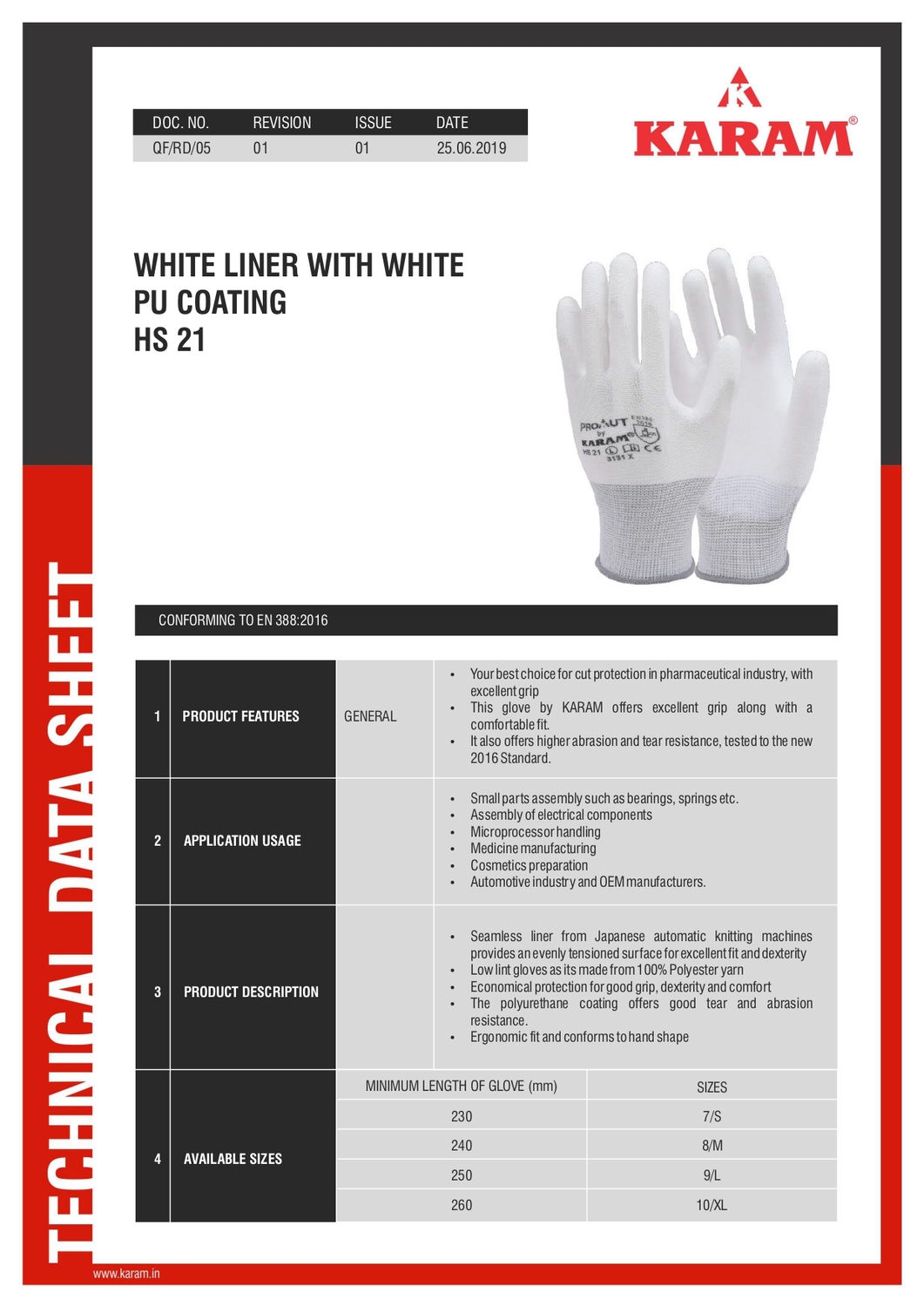 Karam HS21 (White Liner White PU Coating Gloves) — view 2