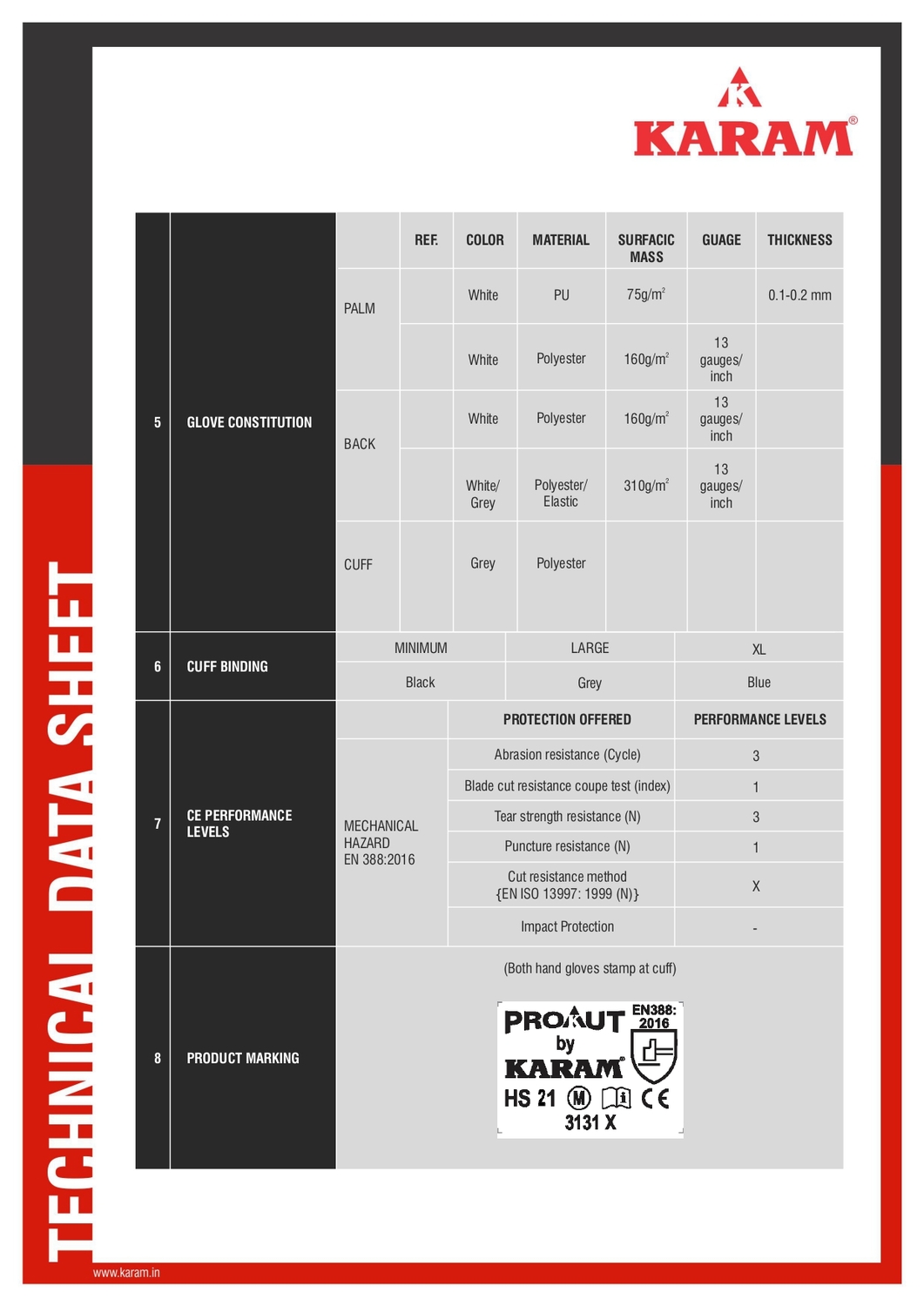 Karam HS21 (White Liner White PU Coating Gloves) — view 3